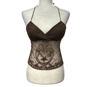 Vtg Womens Fairy Forest Brown Beaded Mesh Halter Top V-Neck Sheer Boho Y2K Sz S